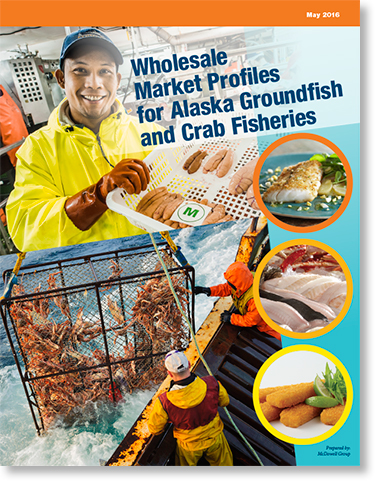 Cover image featuring fish processing and crab harvesting for “Wholesale Market Profiles for Alaskan Groundifsh and Crab Fisheries” PDF document.
