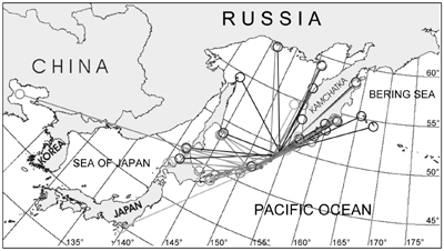 Map of Kuril Islands branded Steller sea lion movements